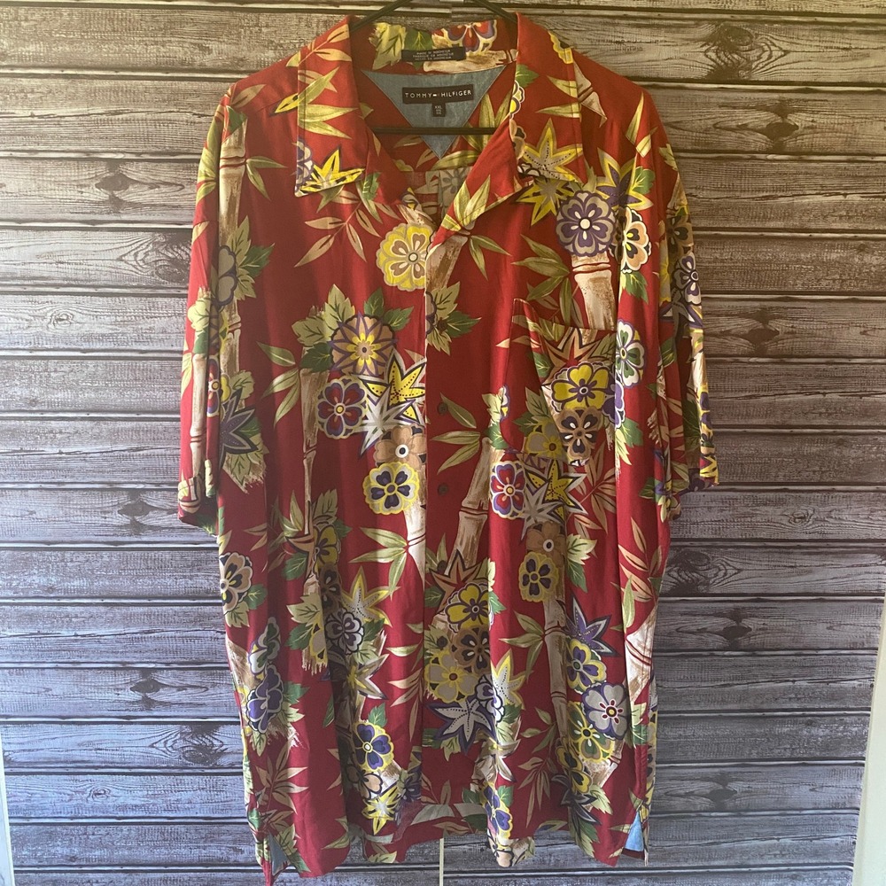 Tommy Hilfiger Men'sβ Short-Sleeved Button-Down Shirt Size XXL Red Tropical